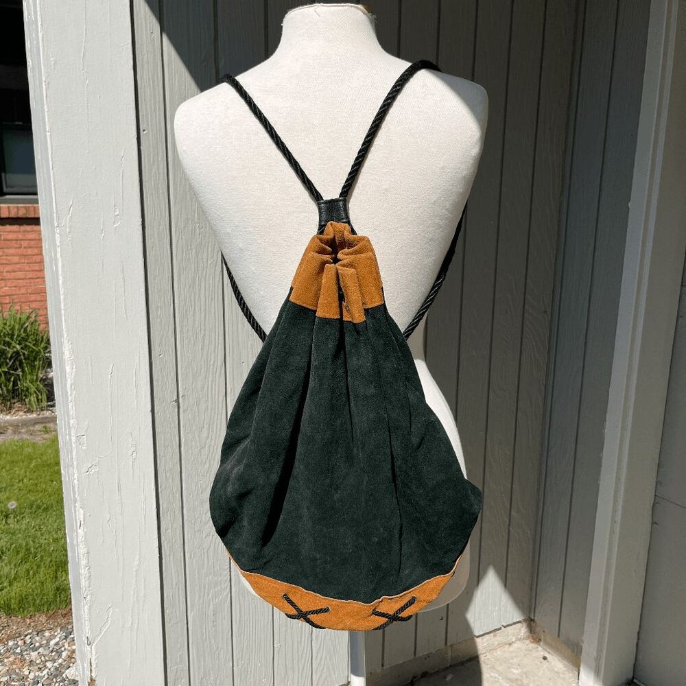 VTG Forest Green Suede Leather Drawstring Backpack USA Boho Minimalist - Picture 7 of 12